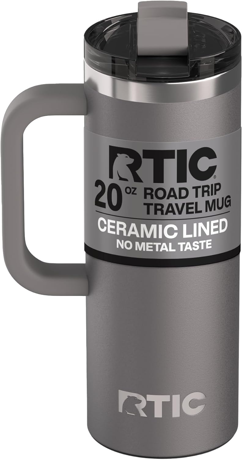 RTIC 20oz Road Trip Travel Mug with Lid and Handle, Ceramic Lined, Insulated, Stainless Steel, Metal, Double Wall Vacuum-Insulation, Portable Coffee, Tea Cup for Hot and Cold Drink, Graphite - Image 1